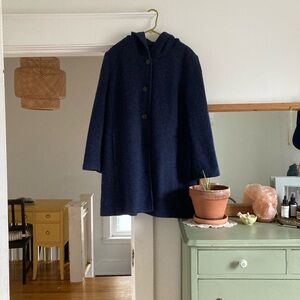 LANDS END Navy Hooded Wool Button Coat